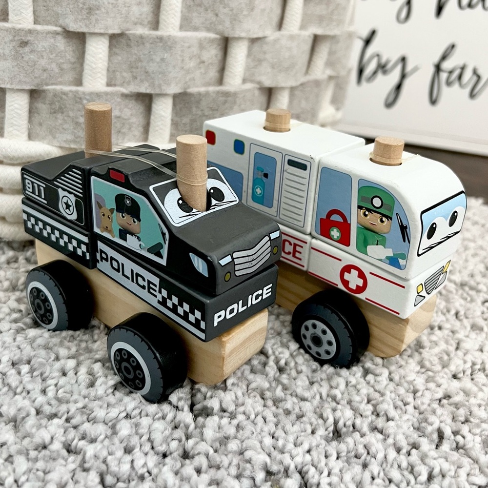 Two J’ADORE Wooden Stacking Toy Cars Classic Heirloom Toy NWOT